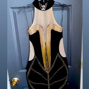 Sexy black bodycon dress with multicolored diamonds, cotton material, stretchy